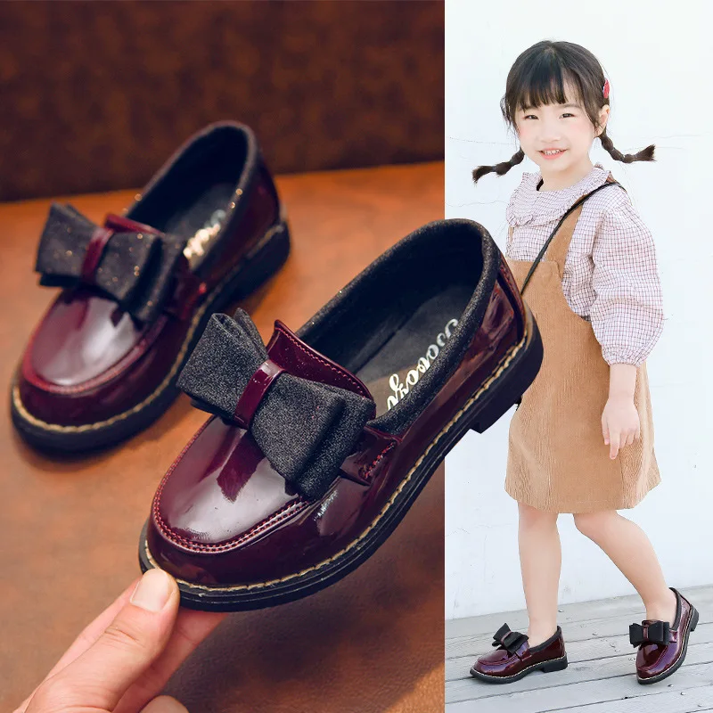 Autumn New kids shoes Girls Black leather shoes for school bow-knot Girls princess shoes black Wine red 3 4 5 6 7 8 9 10 11 12T