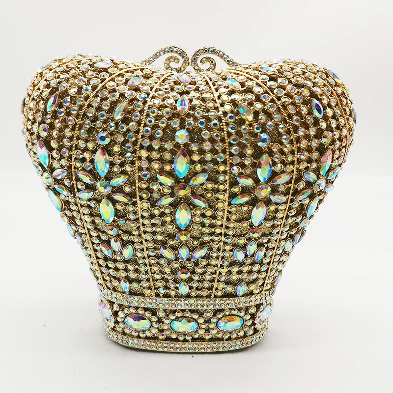 

WHTUOHENG Champagne Rhinestone Evening Purse Clutches Luxury Designer Crown Shape Diamond Wedding Party Handbags Mini Minaudiere