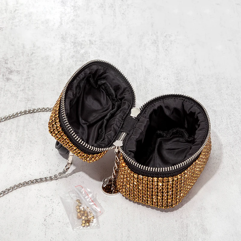 Mini Gold Rhinestone Box Handbag 2021 New Luxury Fashion Cute Chain Lipstick Shiny Diamonds Shoulder Crossbody Bag High Quality