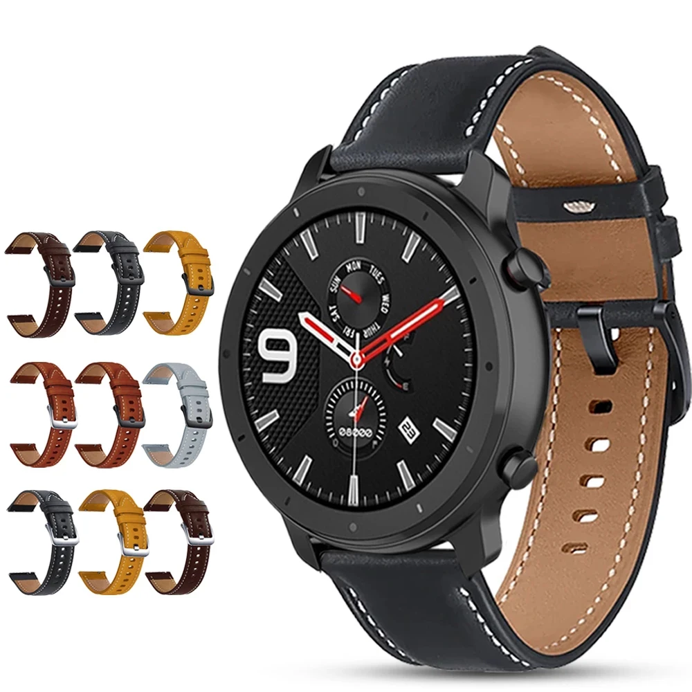 22mm Leather Watchband Strap for Xiaomi Huami Amazfit GTR 4/3/2/2e/GTR 47mm/Pace Stratos 3 2 2S Smart Watch Band