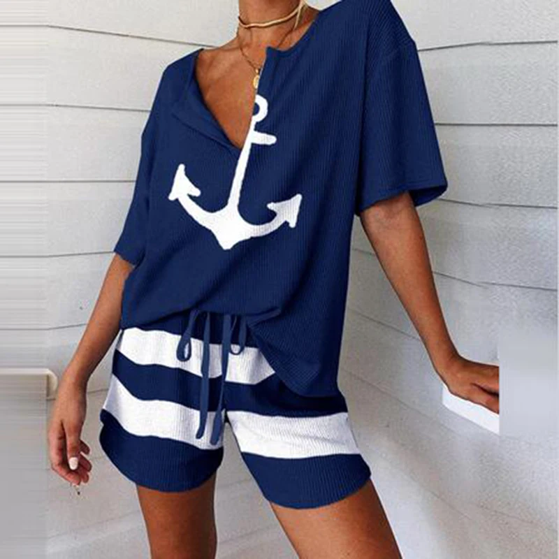 2Pcs Women Tracksuit Boat Anchor Print Shirt Shorts Set Spring Elegant V Neck Pullover Ladies Sportswear Suits Pocket hot style