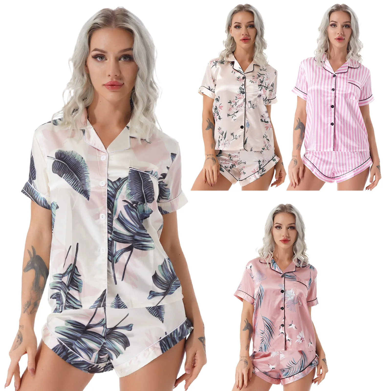 New Shorts Summer Women 2021 Home Clothes Satin Pajama Set Pantsuits Flower Print Sleepwear Casual Short Sleeve Shirt Top Blouse