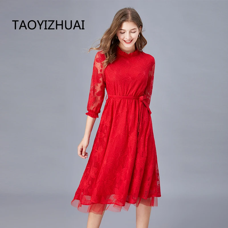 Elastic waist red dress European and American fashion 2021 T-stage young girl versatile daily splicing casual oversized dress