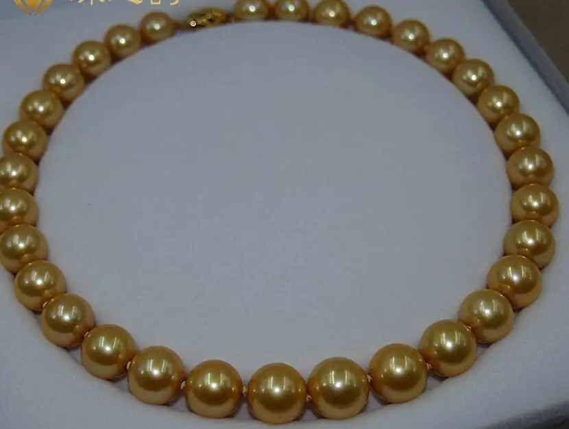 

18''genuine AAA 11-12mm south sea golden pearl necklace 14K Gold Clasp