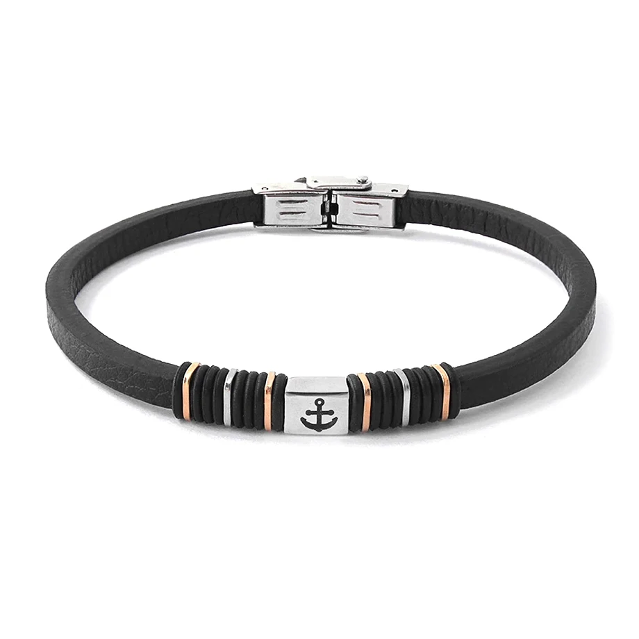 

Runda Men's Bracelet Black Chain with Nautical Anchor Stainless Steel Adjustable Size 22cm Genuine Leather Bracelet for Men