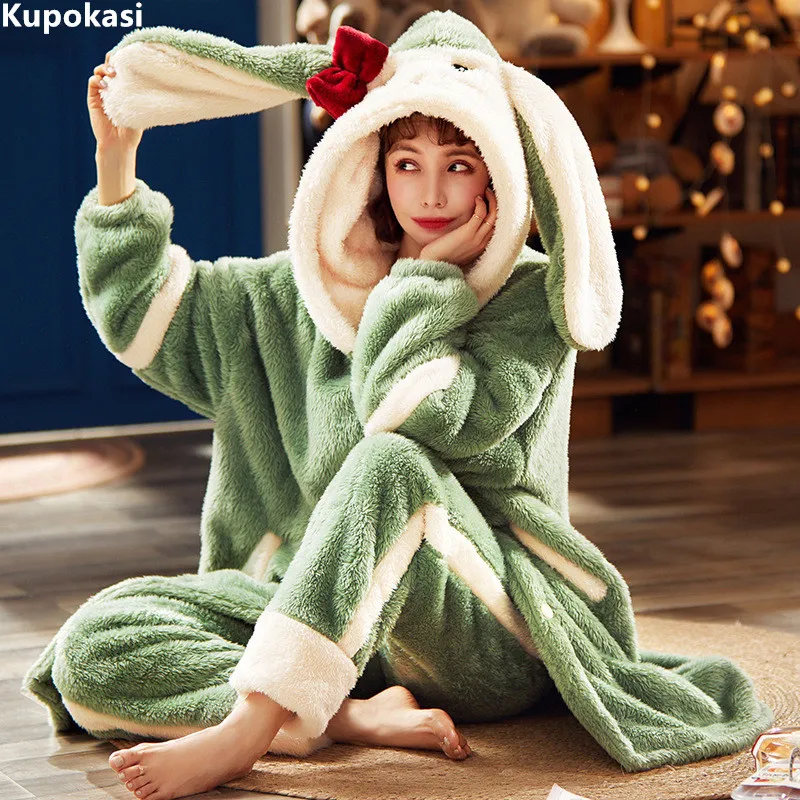 

Kupokasi Cute Flannel Pajamas Set Robe Trousers 2 Pieces Women Thick Winter Sleepwear Warm Animal Bow Bathrobe Hooded Suit