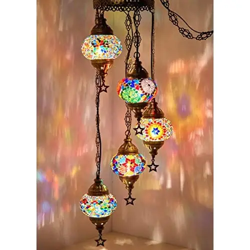 LaModaHome (Choose from 12 Designs) english Moroccan Mosaic Glass Chandelier Lights Hanging Ceiling Lamps (5 Globes 4.7 