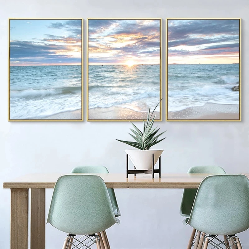 Blue Sea Landscape Sunrise Coastal Canvas Painting Poster Print  Waves and Beach Wall Art Picture Living Room Home Decor Cuadros
