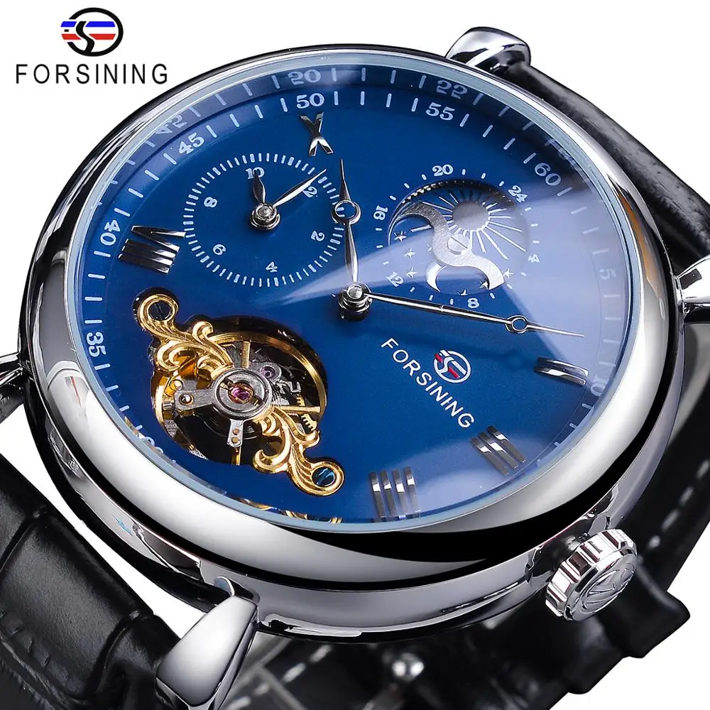 Forsining Dual Time Zone Design Blue Dial Leather Band Automatic Watch New Tourbillon Waterproof Moon Phase Mechanical Watch