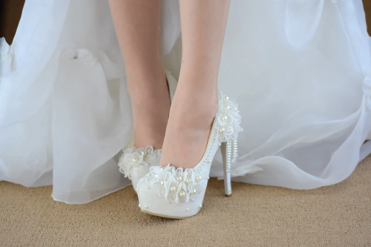 CACARE Luxury Wedding Shoes Pearl Lace Platform High Heels Bridal Party Shoes Cinderella Pumps Supplies Decoration F2966