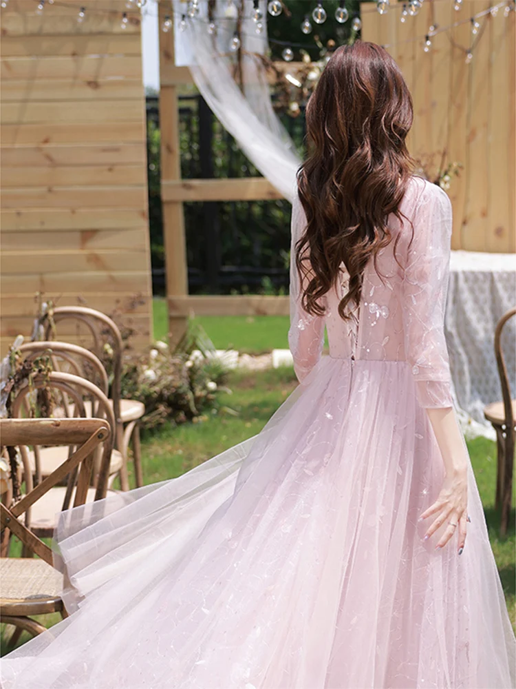 Elegant Pink Tulle Long Women Birthday Party Gowns Sweetheart A-Line Floor-Length Wedding Party Dresses