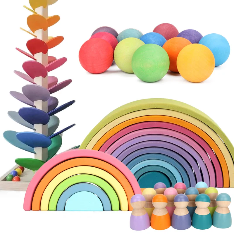 Große Größe Macaron Serie Regenbogen Stapler Nesting Puzzle Spielzeug Freunde Peg Puppen Holz Puzzle Blöcke Montessori Lernspiel zeug