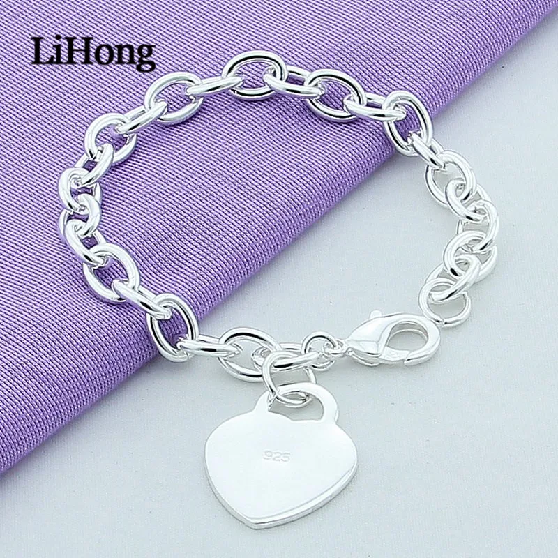 New 925 Sterling Silver Bracelet Heart Pendant Lobster Clasp Bracelet for Women & Men Glamour Jewelry Gifts