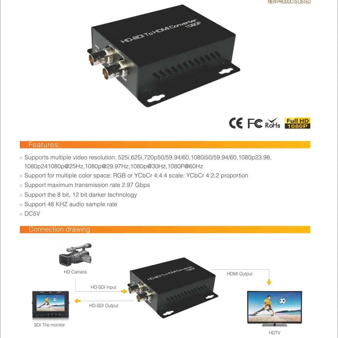 Konwerter HDMI na SDIx2 sygnał skalera wydłuż sygnał PAL NTSC 1080P 3G HD SD-SDI na HDMI pętla na ekran monitoringu CCTV