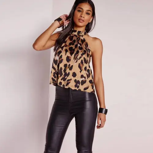 Fashion Hot Sale Sexy Leopard Print Halter Sleeveless Shirts Hanging Neck Blouses Womens Clothing Blouses Size S-XXL