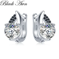 Black Awn 2026 New Classic Silver Color Round Black Trendy Spinel Engagement Hoop Earrings for Women Jewelry Bijoux I131