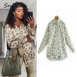 Blusa de manga comprida Snican Leopard para mulheres, camisas vintage femininas, tops de cetim, roupas de escritório, nova, primavera