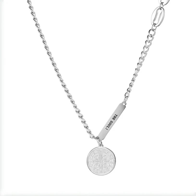 

Vintage Carved Coin Necklace For Women Stainless Steel Silver Color Medallion Pendant Chain Long Choker Jewelry Collier