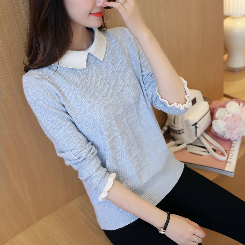 Autumn and Winter New Fake Two-piece Knitted Blouse, Lady\'s Sweater, Loose Bottom Doll Neck, Spring Suit