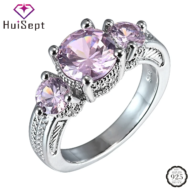 HuiSept anelli di gioielli in argento 925 alla moda con pietre preziose di zircone rosa anello da donna per accessori per feste di fidanzamento di nozze all'ingrosso