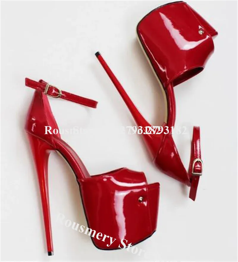 

High Quality Women Patent Leather Peep Toe High Platform Stiletto Heel Sandals Red Shining Super High Heel Sandals Dress Heels