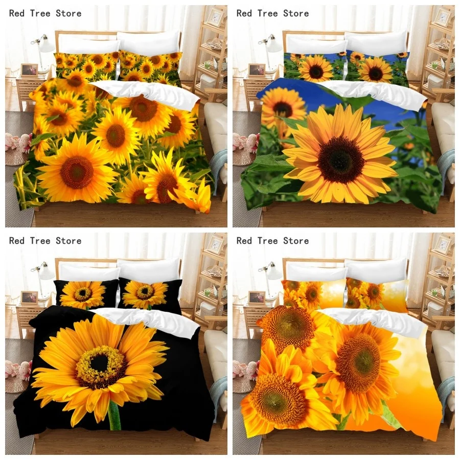 

Orange Sunflower Printed Bedding Set for Lover Couples Gift Flower Pattern Duvet Cover Quilt Home Use Bedlines Double Bed Quilt