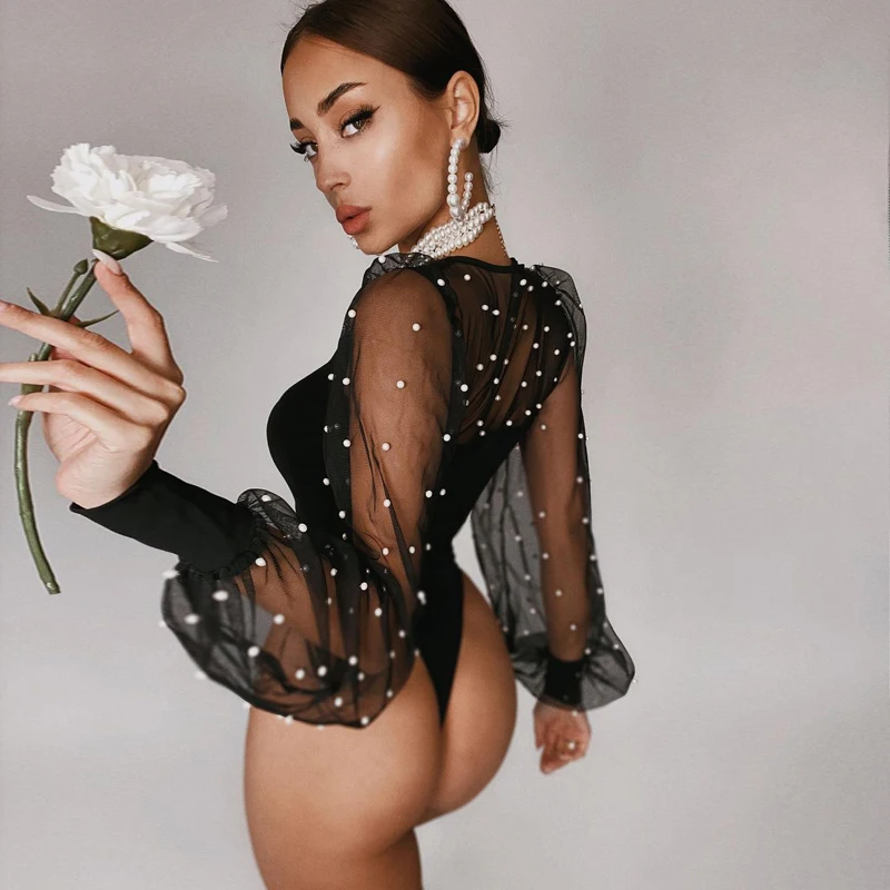 Pearl Mesh Puff Sleeve Bodysuit Women See Through Skinny Bodycon Tops Basic Black Sexy Bodysuits Clothing