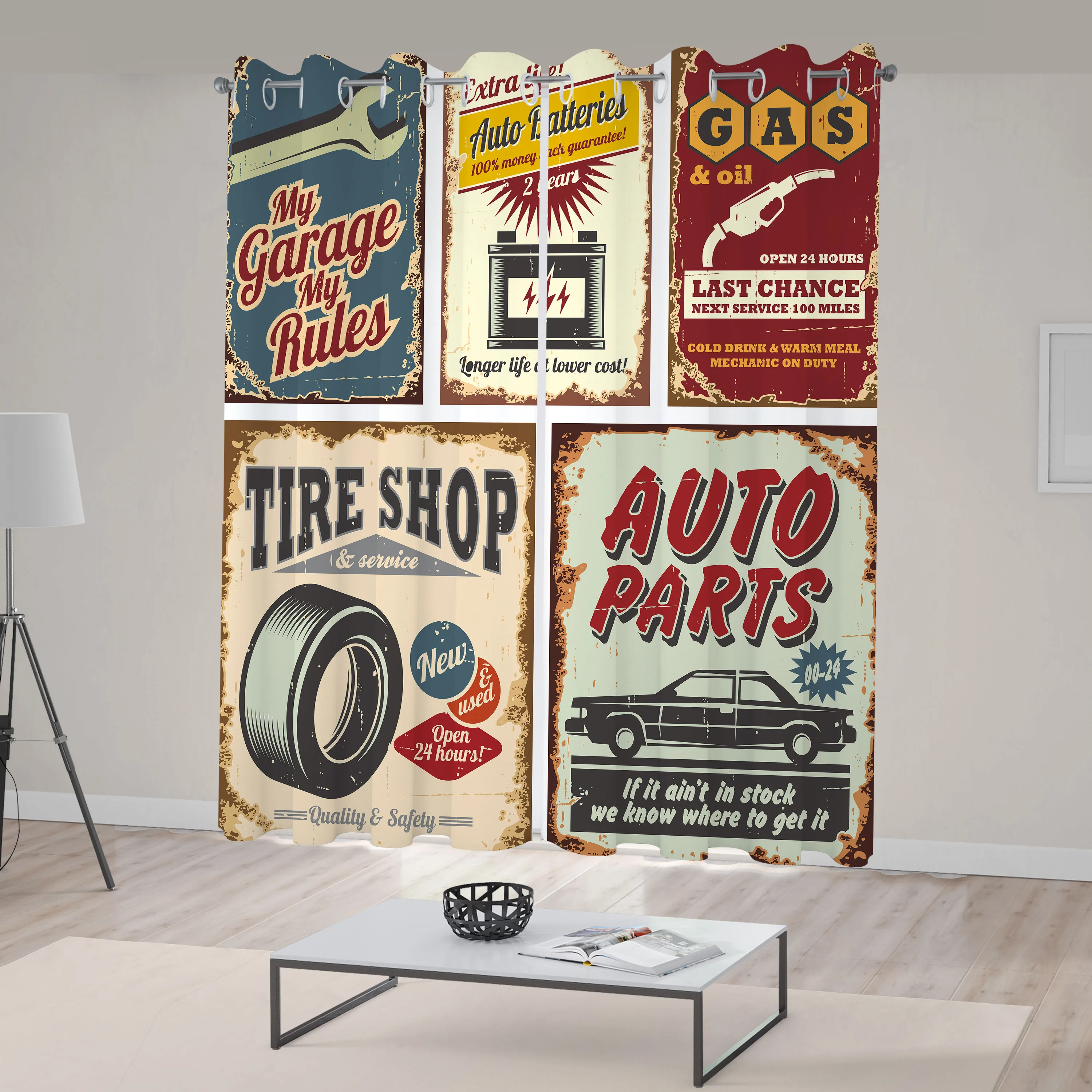 1950s Window Curtains Vintage Car Signs Automobile Advertising Repair Vehicle Garage Classics Servicing Living Room Decor