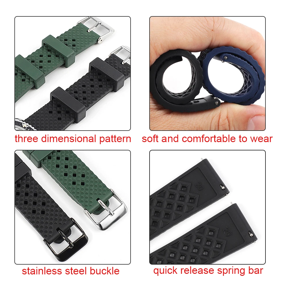 Quality Porous Breathable Fluoro Rubber Watch Strap 18mm 20mm 22mm Watchband Dustproof Wristband Quick Release Band