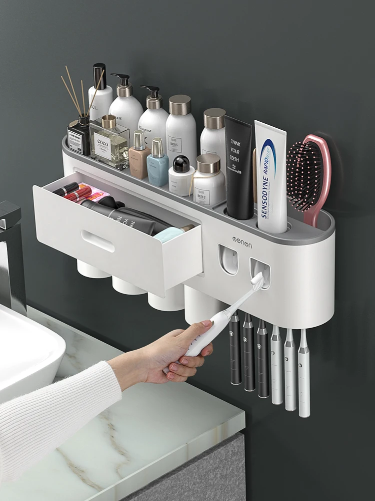 

TT Toothbrush Rack Tooth Cup Mouthwash Wall-Mounted Bathroom Punch-Free Wall-Mounted Tooth-Brushing Cup Set