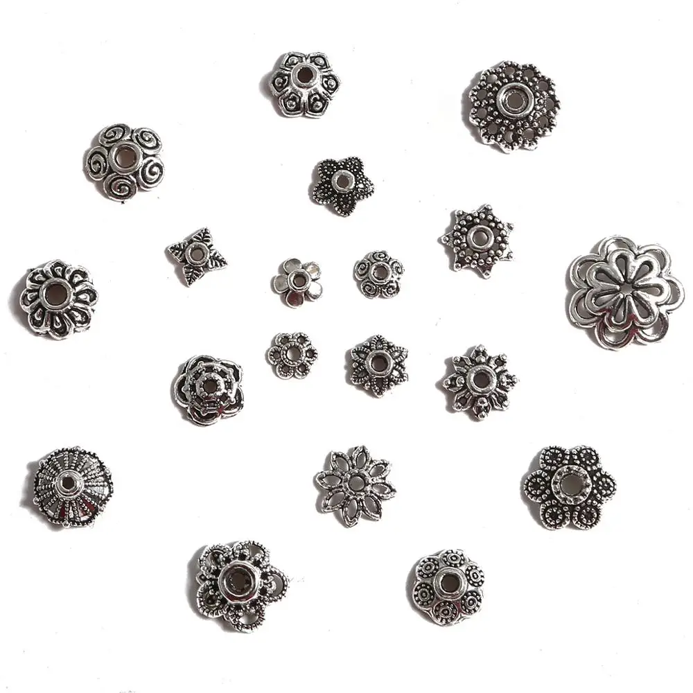 Mix 20Styles 50pcs Silver 6-14mm Flowers Filigree Petal End Caps Findings End Spacer Charms Bead Cap For Jewelry Making Supplies