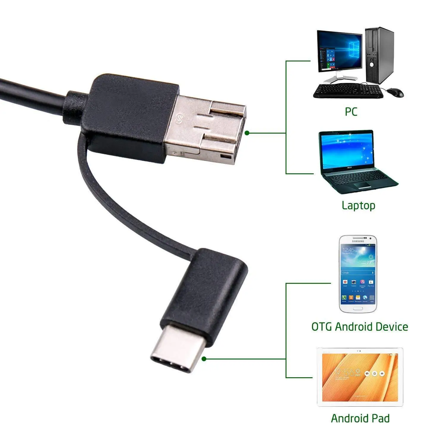 كاميرا تلسكوبية مرنة لفحص أنابيب السيارة ، منظار USB ، HD مع 6 أضواء LED ، دعم هاتف أندرويد ، نوع-C ، 3 في 1 ،