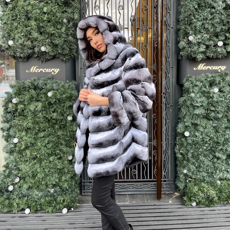 

TOPFUR Luxury Chinchilla Color Natural Fur Real Rex Rabbit Fur Coat With Hat Thick Warm Winter Women Coat Fashion Slim Overcoat