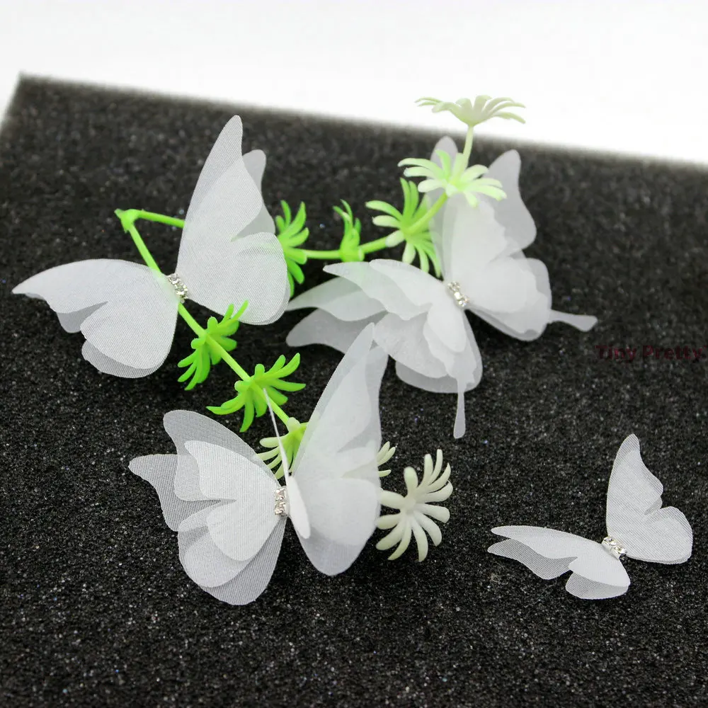 20PCS white Organza Butterflies W/ Rhinestone Swallowtail Butterflies for DIY Jewelry Making, Hair Clips