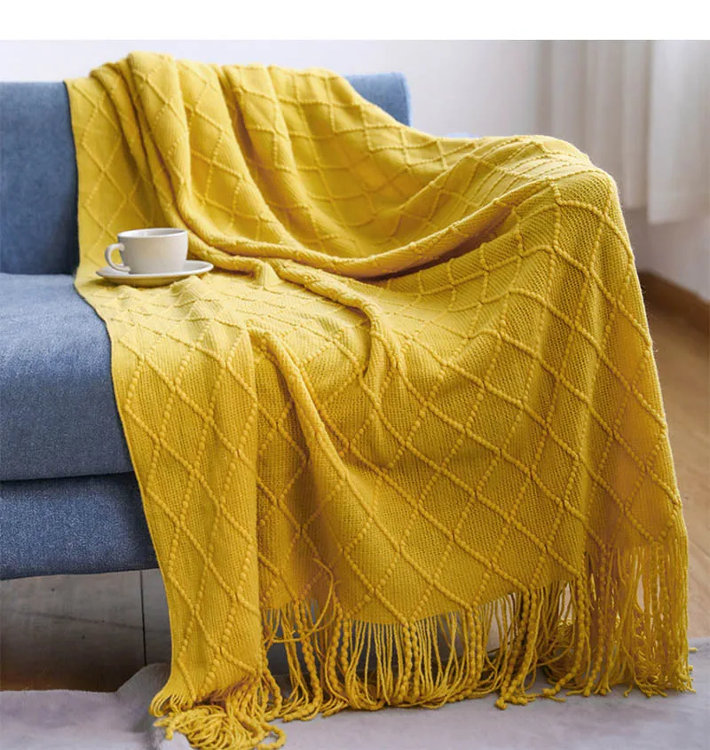 Waffle Knitted Blanket for Bed Plaid on the Sofa Chunky Tassel Blankets Sofa Throw Blankets Tapestry Manta Cobertor Home Decor