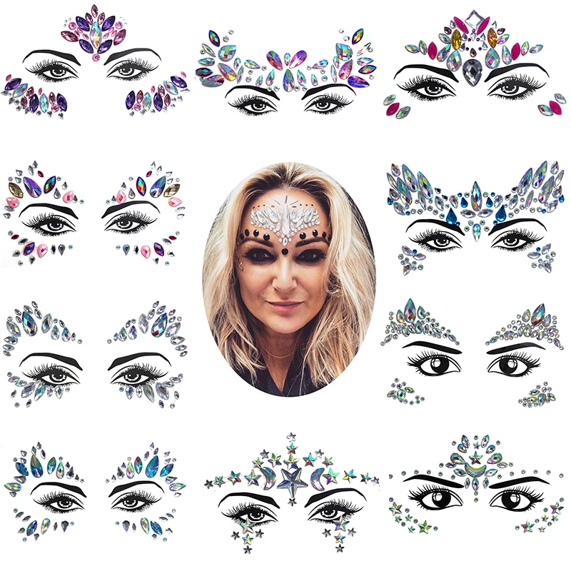 3D Sexy Face Tattoo Stickers Temporary Tattoos Glitter Fake Tattoo Rhinestones For Woman Party Face Jewels Tatoo Eyes Sticker