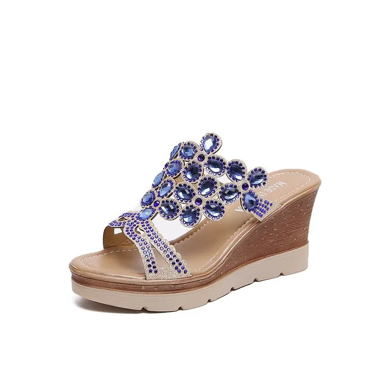 Buty na koturnie damskie letnie Peep Toe oddychające sandały plażowe Rhinestone wsuwane buty na koturnie sandały Mujer 2020 nowość
