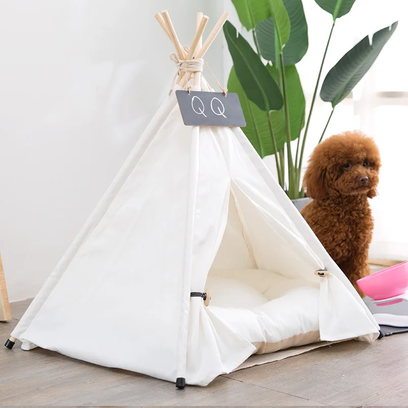 Outdoor indoor cotton canvas pet sleeping teepee tent Indian portable folding white dog cat