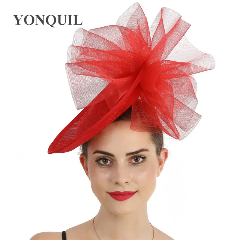 Elegant Red Mesh Derby Fascinator Hat For Friend Women Party Tea Big Chapeau Cap With Hairpin Flower Hair Accessories Headwear