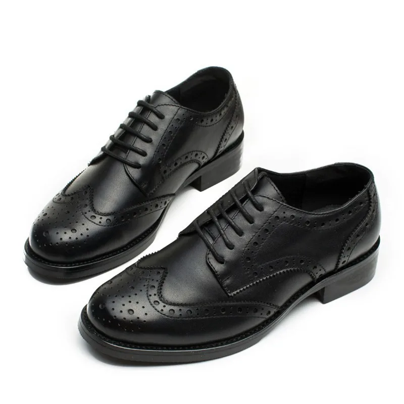 

British Style Wing Tip Brogue Shoes Woman Brand Retro Lace Up Leather Shoes Spring Summer Black Flat Oxford Footwear Plus Size