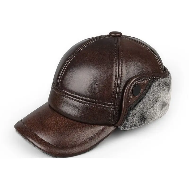 

Winter outdoor Men's Leather The Bomber Hat Thicken Leather Cowhide Baseball Caps keep warm With Ears Warm Dad's Hats Sombrero