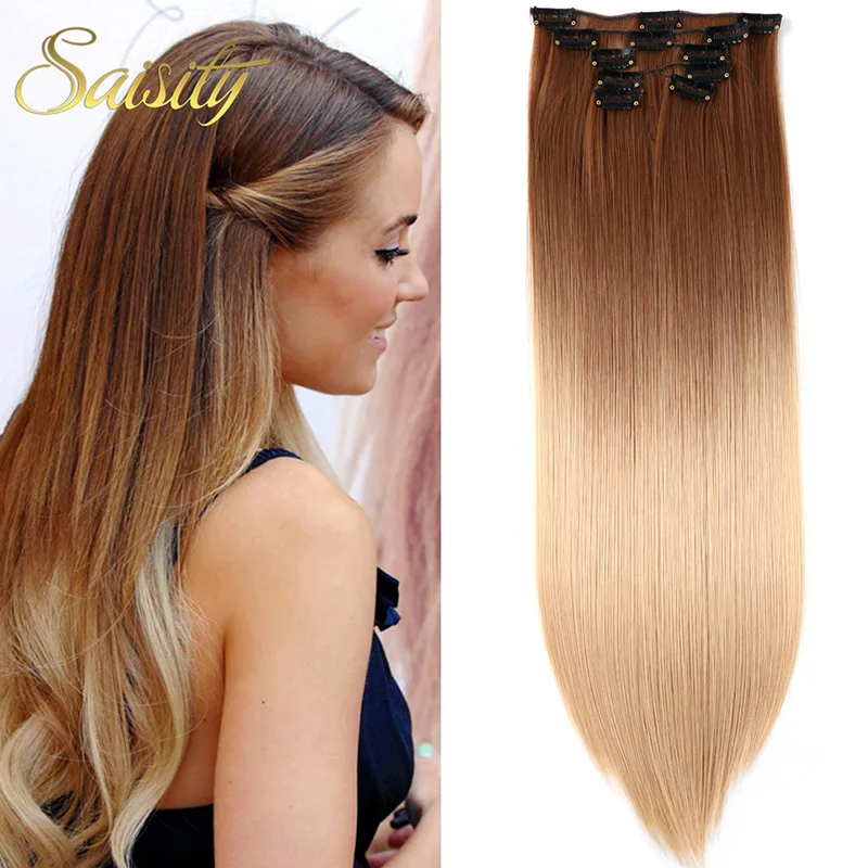 

Synthetic Long Straight Clip in Hair Extensions 22" Women Fake False Hair Pieces Ombre Black Brown Blonde Styling Hair 6Pcs