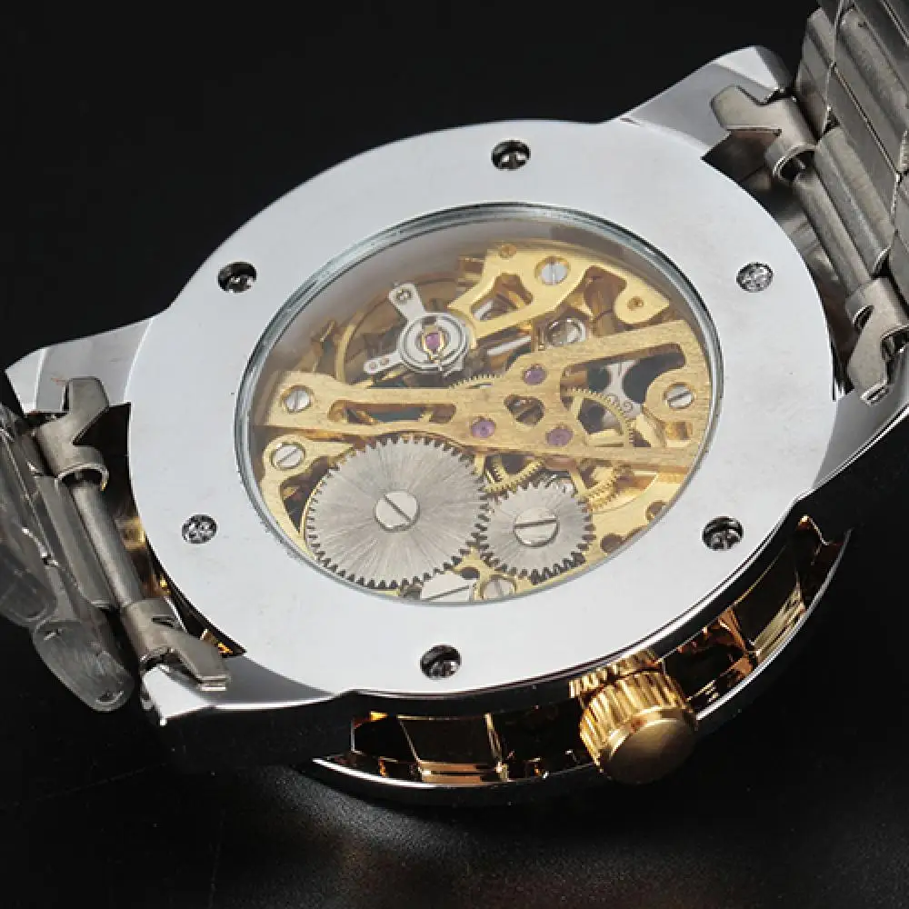 Hot Sale Men Skeleton Roman Numerals Hollow Dial Stainless Steel Band Mechanical Watch