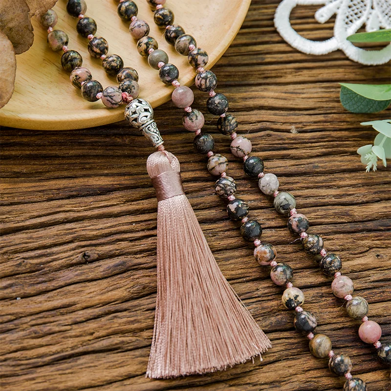 8mm Natural Black Line Rhodochrosite Beads Knotted 108 Mala Prayer Necklace Meditation Yoga Rosary Jewelry for Men and Women