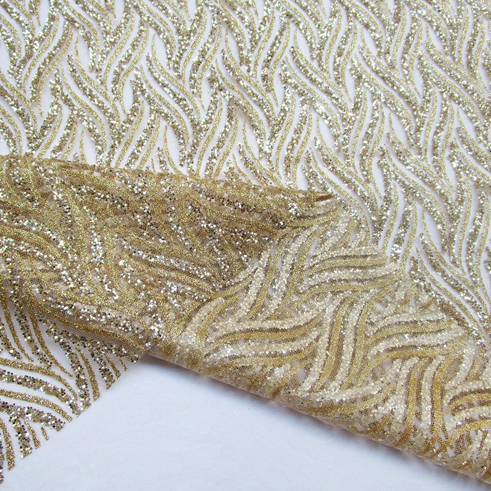 African Glitter Sequins Mesh Fabric Gold Shining Transparent Party Dress, Clothes Cloth, India Sari Sewing, Tissu Tecidos, 1 Pc