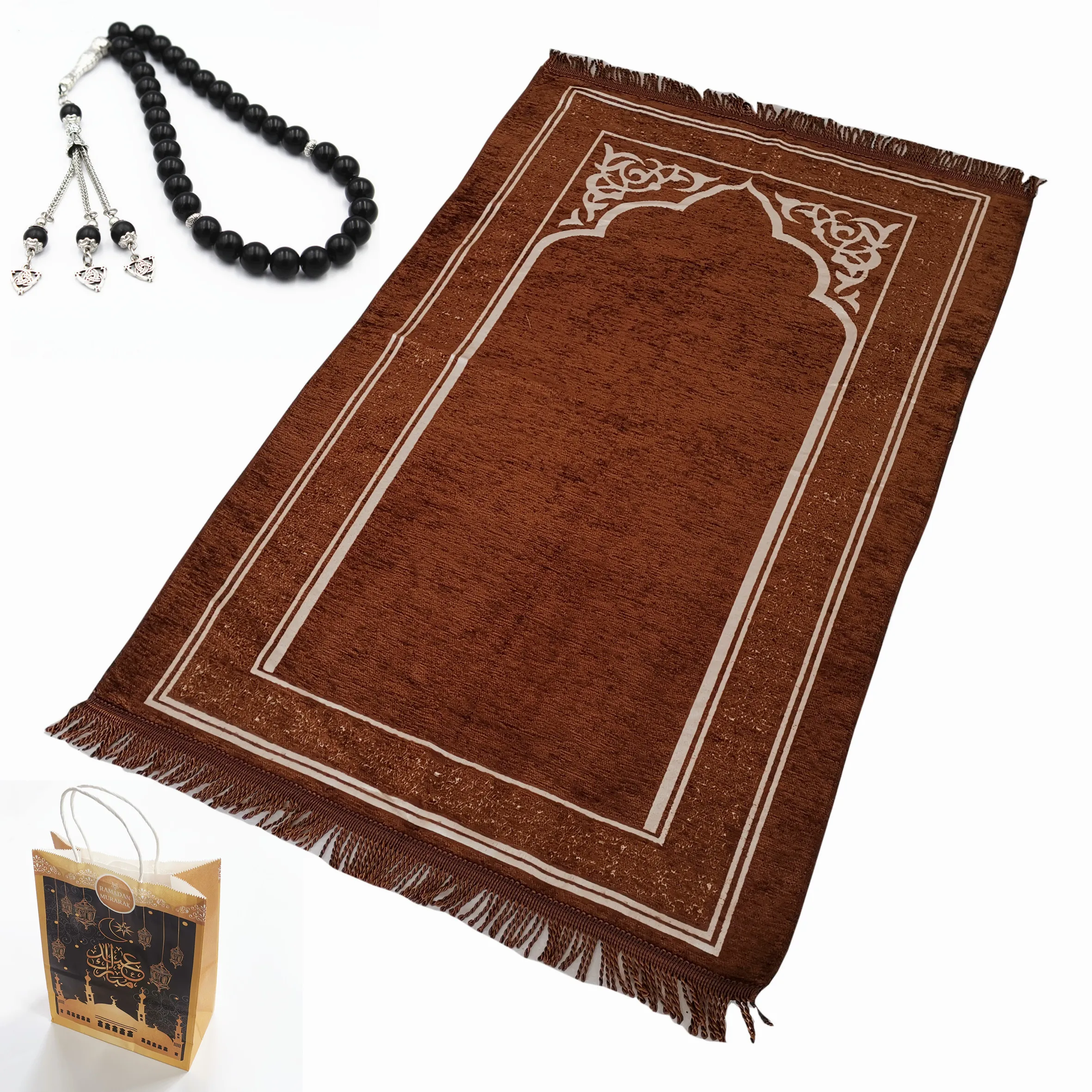 Muslim Prayer Rug Crystal Islamic Beads Set with Paper Bag Perfect Ramadan Eid Gifts