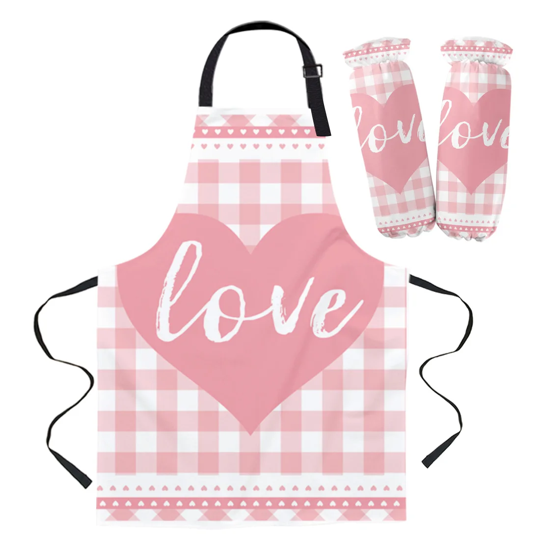 Pink Grid Love Heart Sweet Apron For Woman Kitchen Home Apron Cuff Oven Mitts Adult Kids Work Coffee Restaurant Apron Set