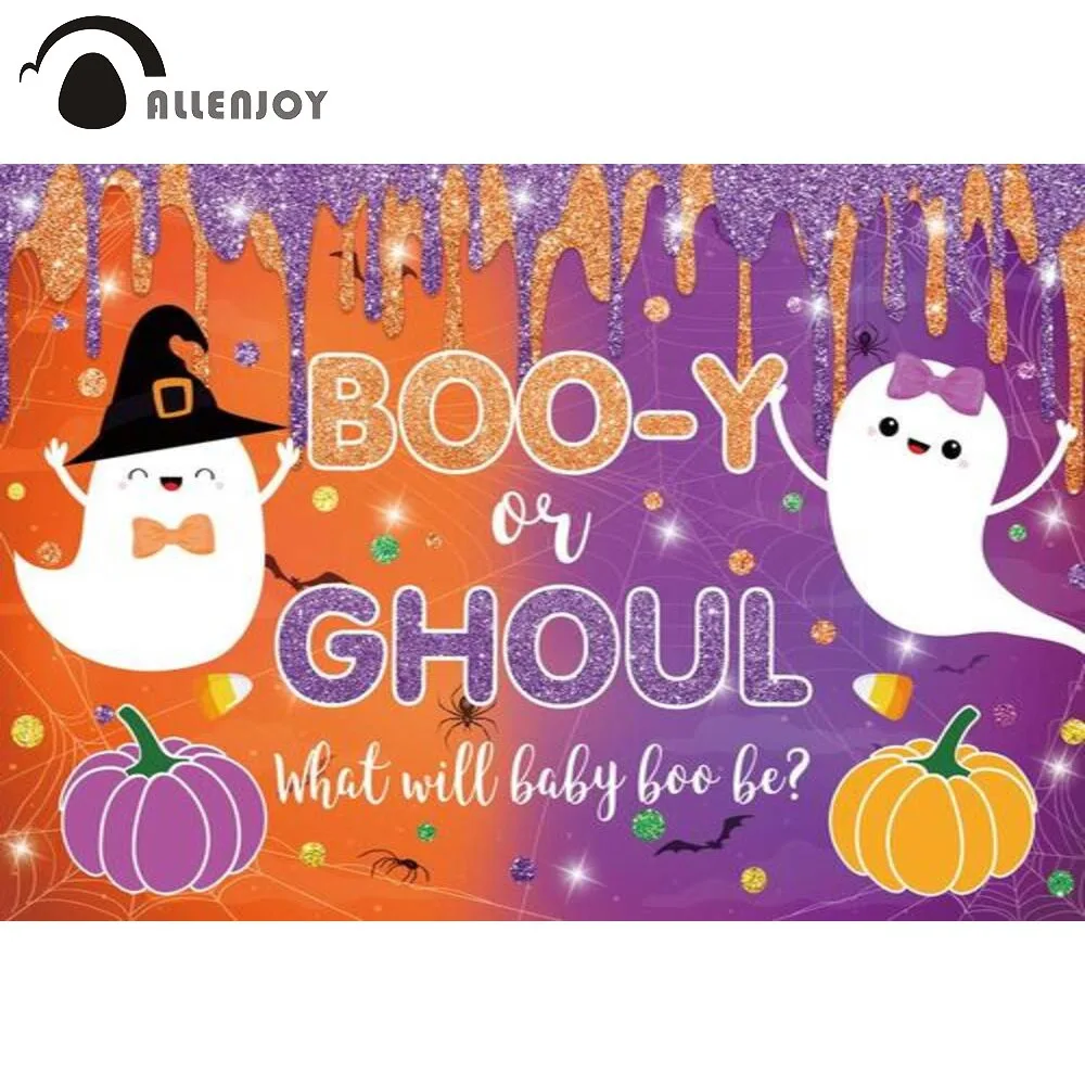 Allenjoy Halloween Backdrop Gender Reveal Booy Or Ghoul What Will Baby Boo Be Pumpkin Purple Orange Glitter Background Photozone