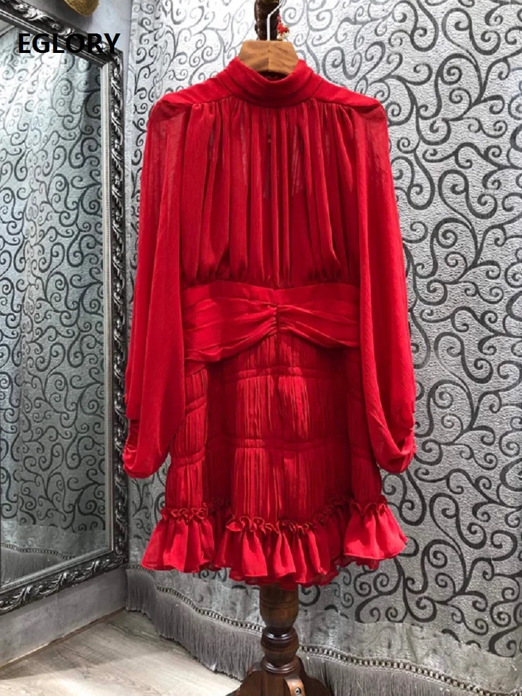 

2021 Spring Summer Fashion Red Dress High Quality Women Stand Neck Pleated Ruffle Deco Long Sleeve Casual Dress Sexy Above Knee