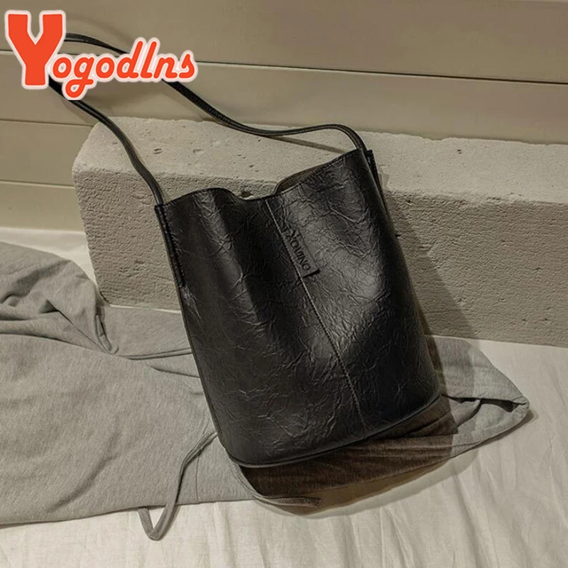 Yogodlns Vintage Shoulder Bag For Women PU Leather Bucket Bag Casual Handle Bag Large Capacity Brand Crossbody Bag Lady Handbag